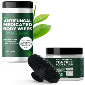 Antifungal Body Scrub with Manuka Honey   Medicated Body Wipes for Men & Women | Tea Tree Oil   Salicylic Acid | Fights Jock Itch, Acne, Rashes, Body Odor, Ringworm & Athlete’s Foot | Includes Free Sc