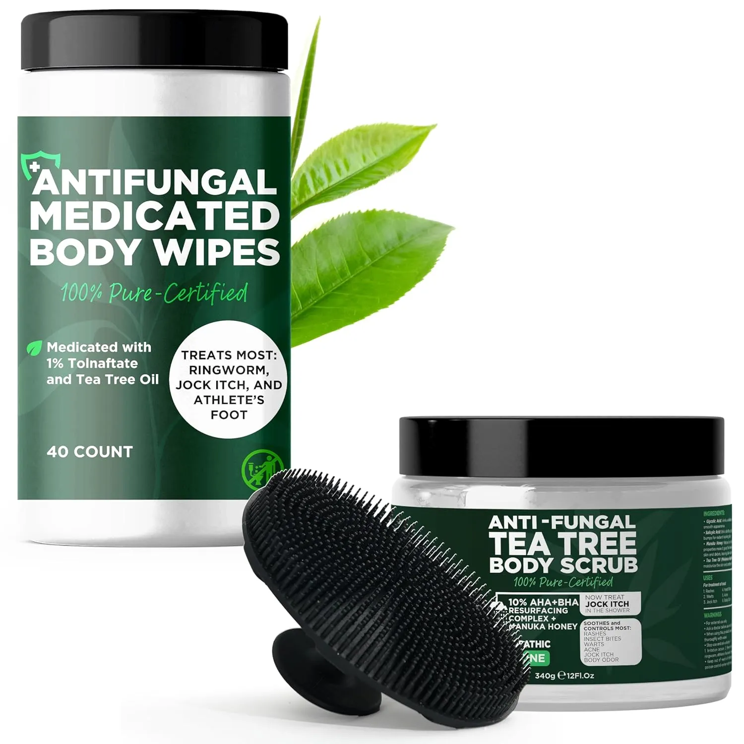 Antifungal Body Scrub with Manuka Honey   Medicated Body Wipes for Men & Women | Tea Tree Oil   Salicylic Acid | Fights Jock Itch, Acne, Rashes, Body Odor, Ringworm & Athlete’s Foot | Includes Free Sc