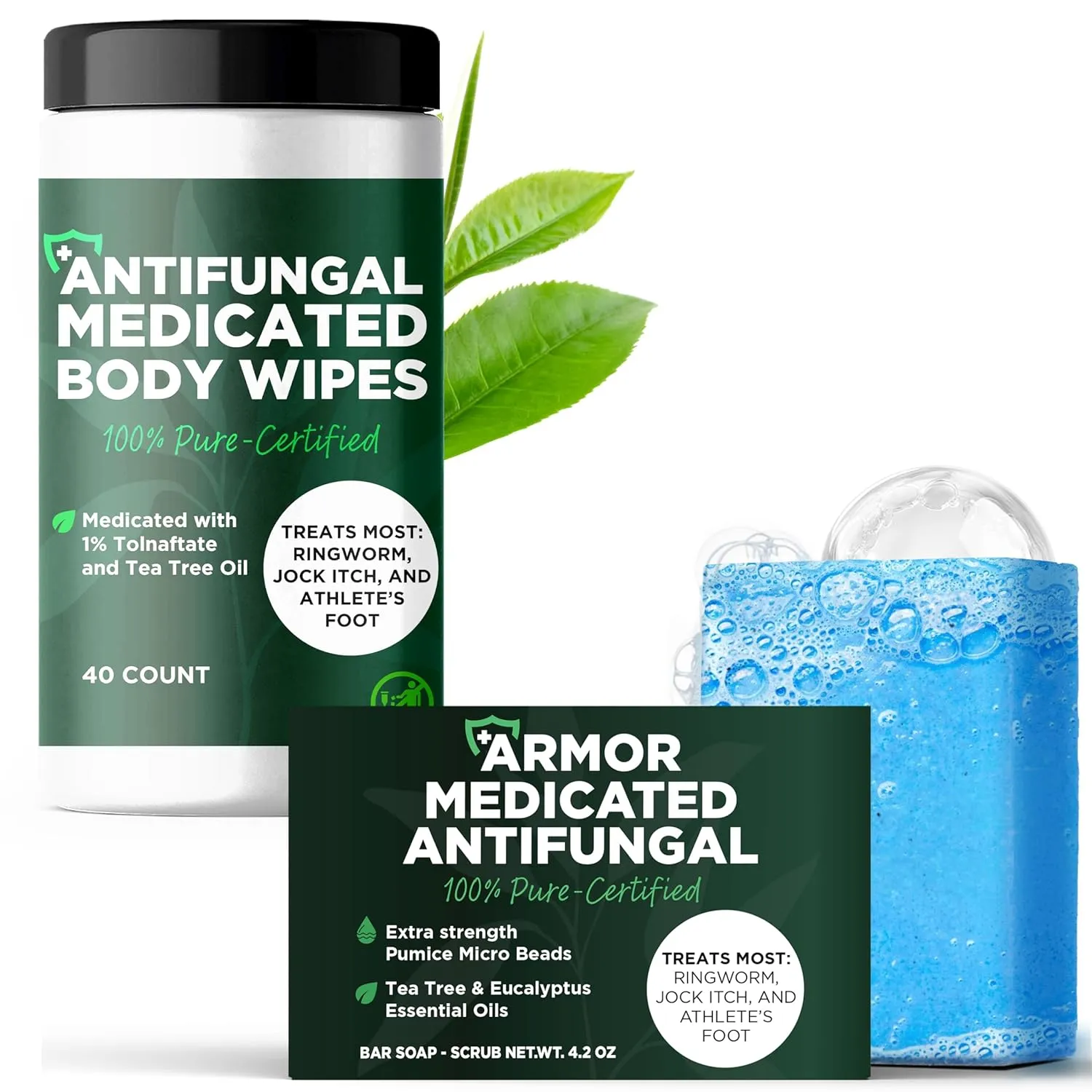 Antifungal Soap with Tea Tree & Eucalyptus   Medicated Body Wipes for Men & Women | Deep-Cleansing Bar for Jock Itch, Ringworm & Athlete’s Foot   1% Tolnaftate Wipes | 40 Count   Pumice Soap Bar