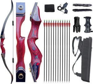 Archery 60" Takedown Hunting Recurve Bow and Arrows Set for Adults & Youth Longbow Kit Competition Survival Targeting Shooting Right HandLaminated Wooden Riser 30lb-60LB