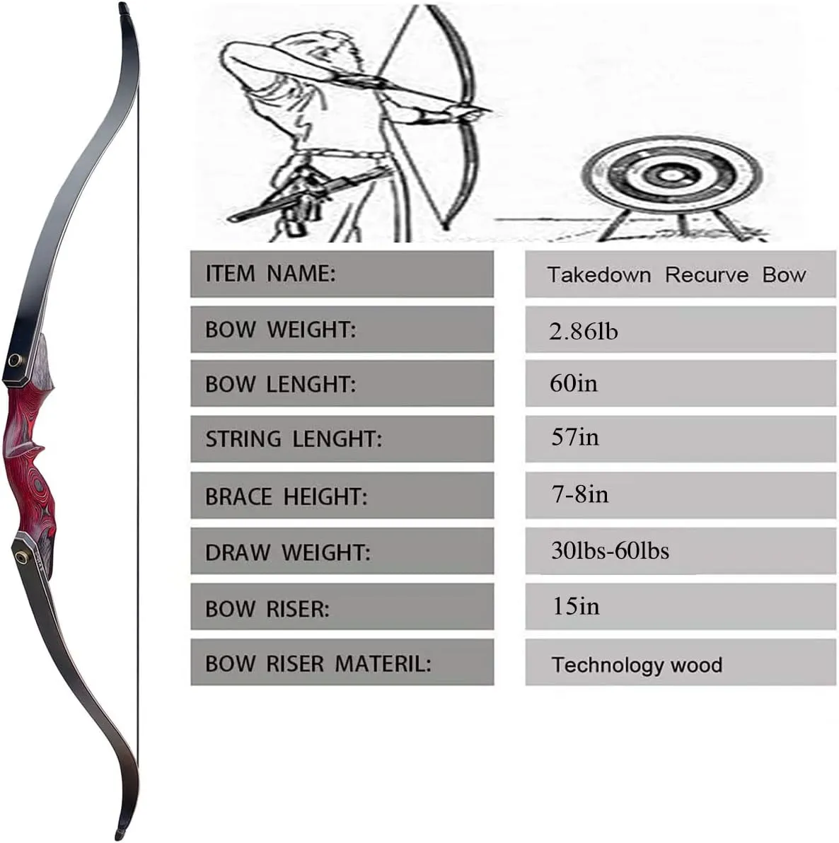 Archery 60" Takedown Hunting Recurve Bow and Arrows Set for Adults & Youth Longbow Kit Competition Survival Targeting Shooting Right HandLaminated Wooden Riser 30lb-60LB