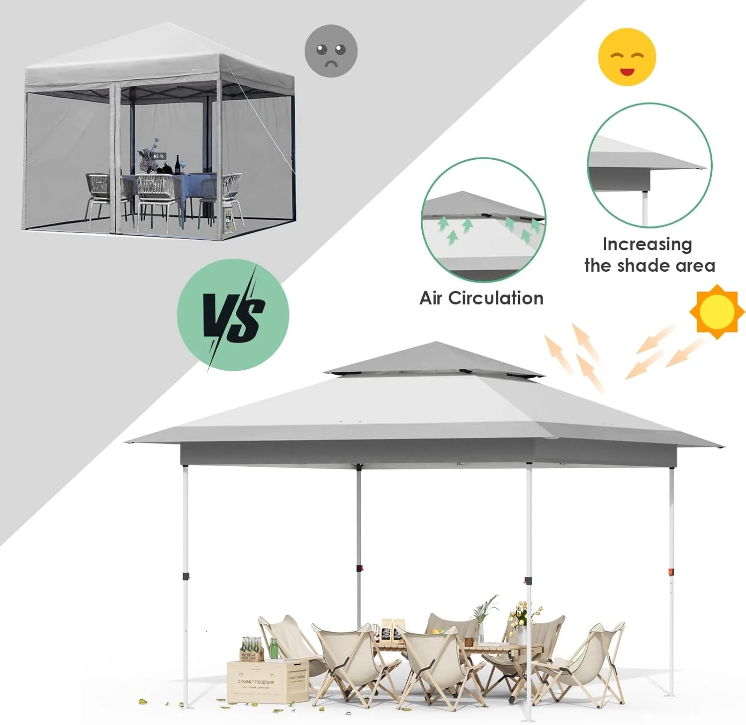 Arlopu Pop Up Canopy Tent with 1-Person Set up, Camping Instant Durable Shelter, Outdoor Gazebo Beach Shade with Wheeled Bag, 4 Sand Bags for Weight (Grey, 13FTX13FT)