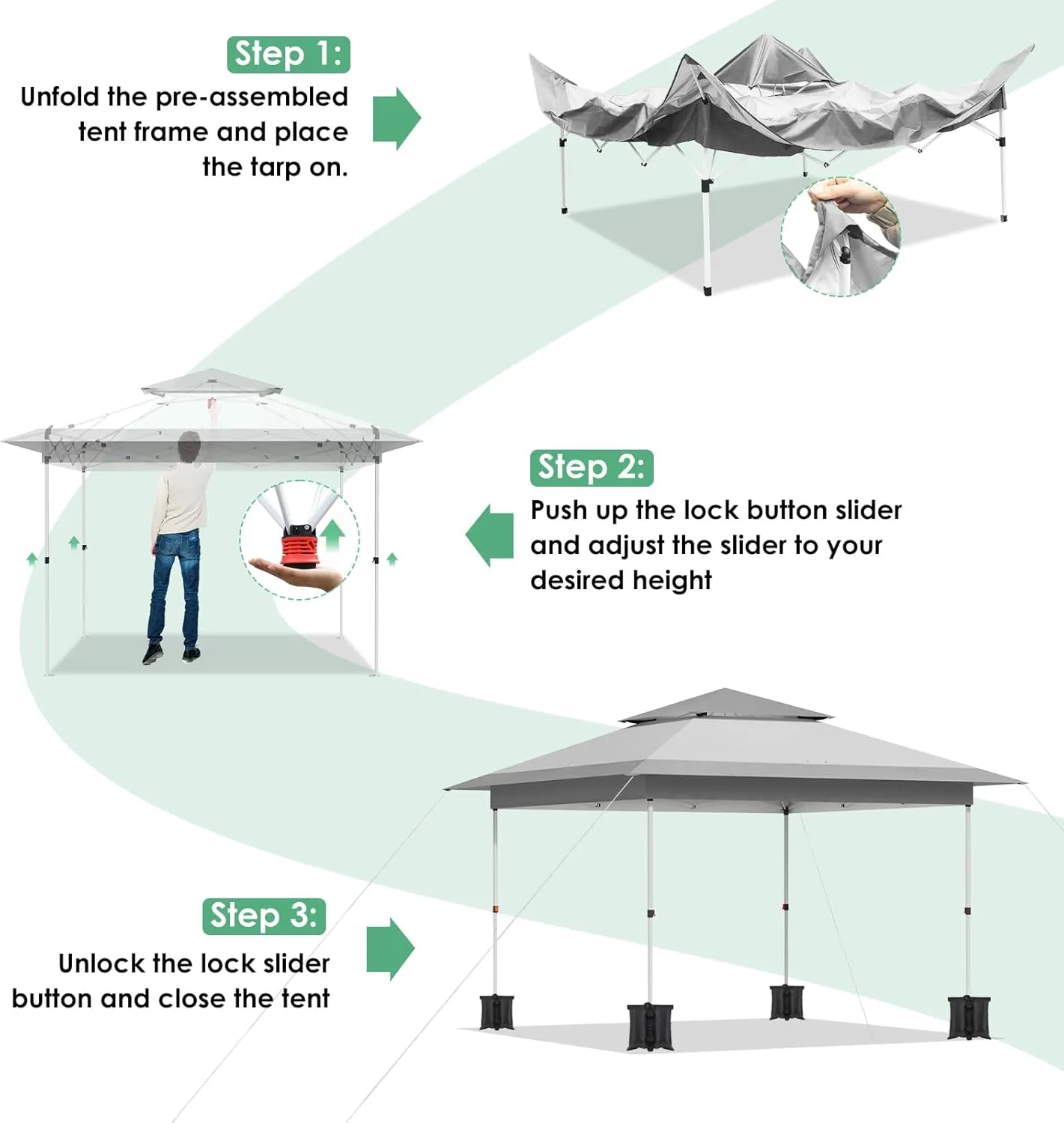 Arlopu Pop Up Canopy Tent with 1-Person Set up, Camping Instant Durable Shelter, Outdoor Gazebo Beach Shade with Wheeled Bag, 4 Sand Bags for Weight (Grey, 13FTX13FT)