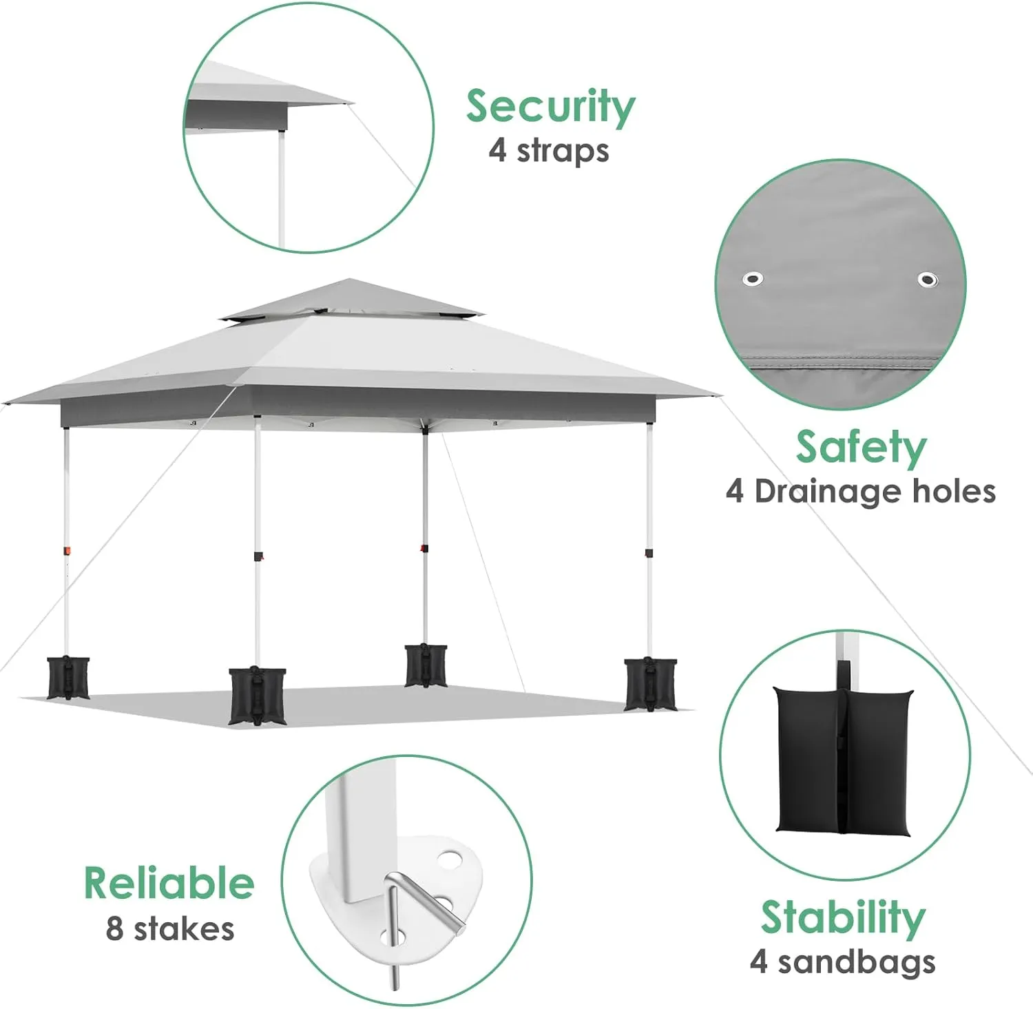 Arlopu Pop Up Canopy Tent with 1-Person Set up, Camping Instant Durable Shelter, Outdoor Gazebo Beach Shade with Wheeled Bag, 4 Sand Bags for Weight (Grey, 13FTX13FT)