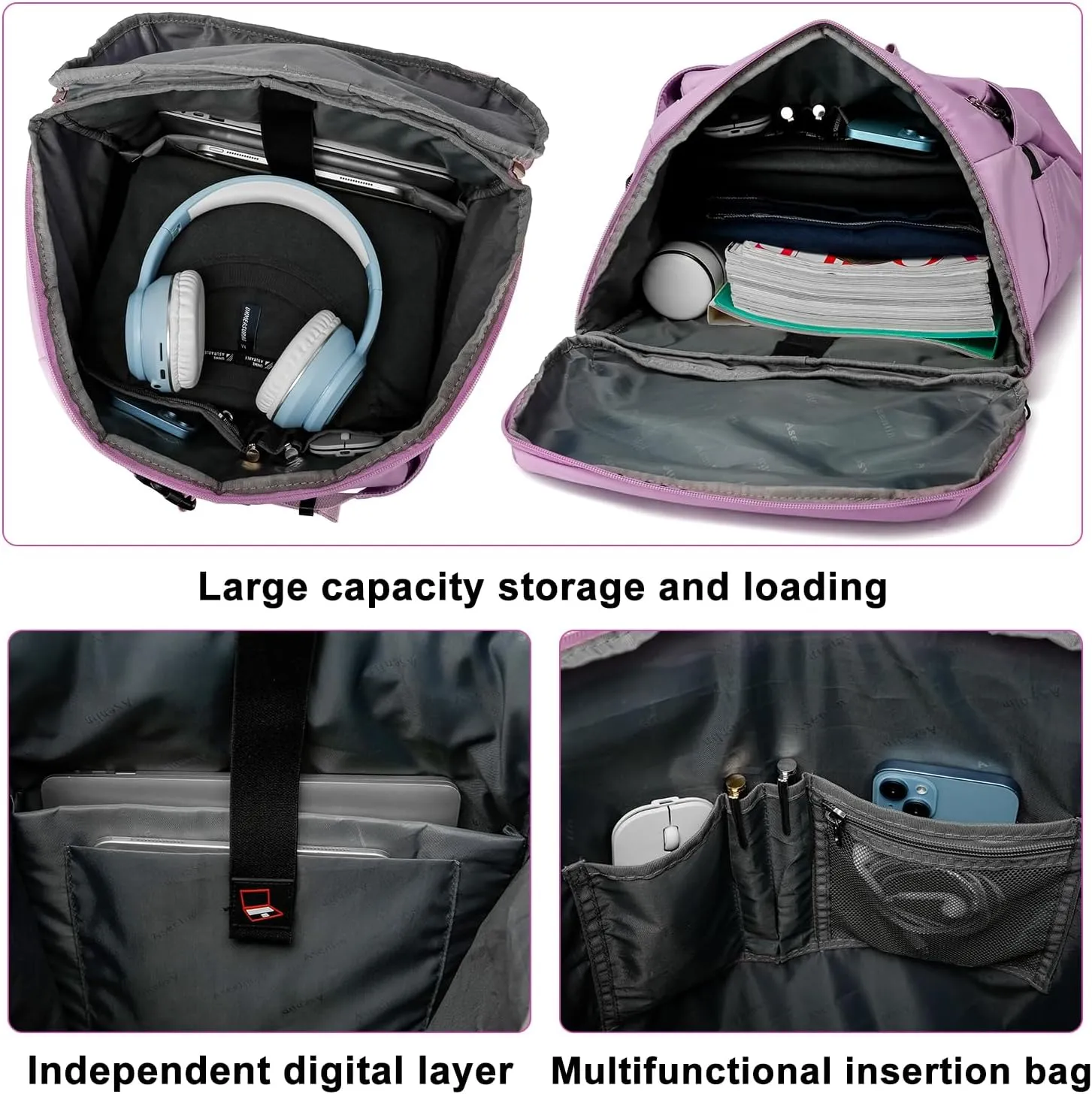 Asenlin Travel Backpack for Women Men，40L Extra Large Hiking Backpack，18 Inch Carry on Backpack Water Resistant for Casual Daypack Gym Backpack-Purple