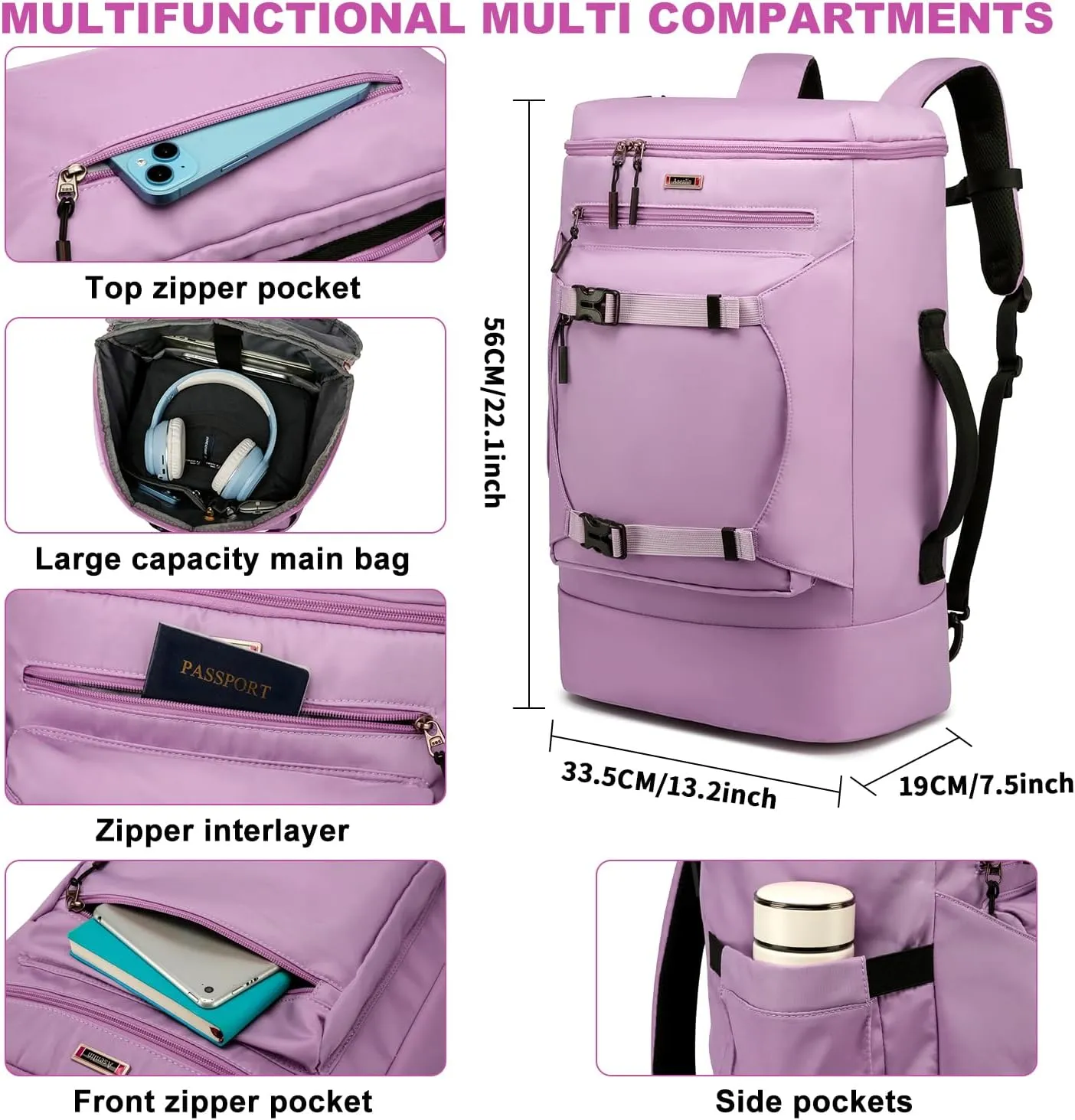 Asenlin Travel Backpack for Women Men，40L Extra Large Hiking Backpack，18 Inch Carry on Backpack Water Resistant for Casual Daypack Gym Backpack-Purple