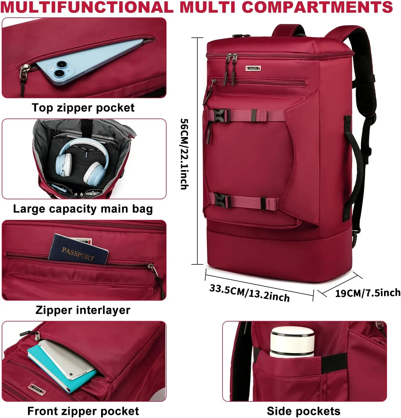 Asenlin Travel Backpack for Women Men，40L Extra Large Hiking Backpack，18 Inch Carry on Backpack Water Resistant for Casual Daypack Gym Backpack-Red