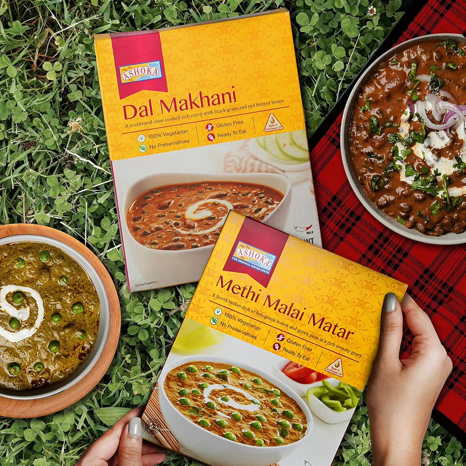 Ashoka Microwaveable Entrees 1932, Vegetarian Sampler Kit, Heat & Serve Meal Pack, Kosher Certified Variety Pack, Authentic Indian Cuisine, Instant Meals, Gluten-Free with No Preservatives, Pack of 5