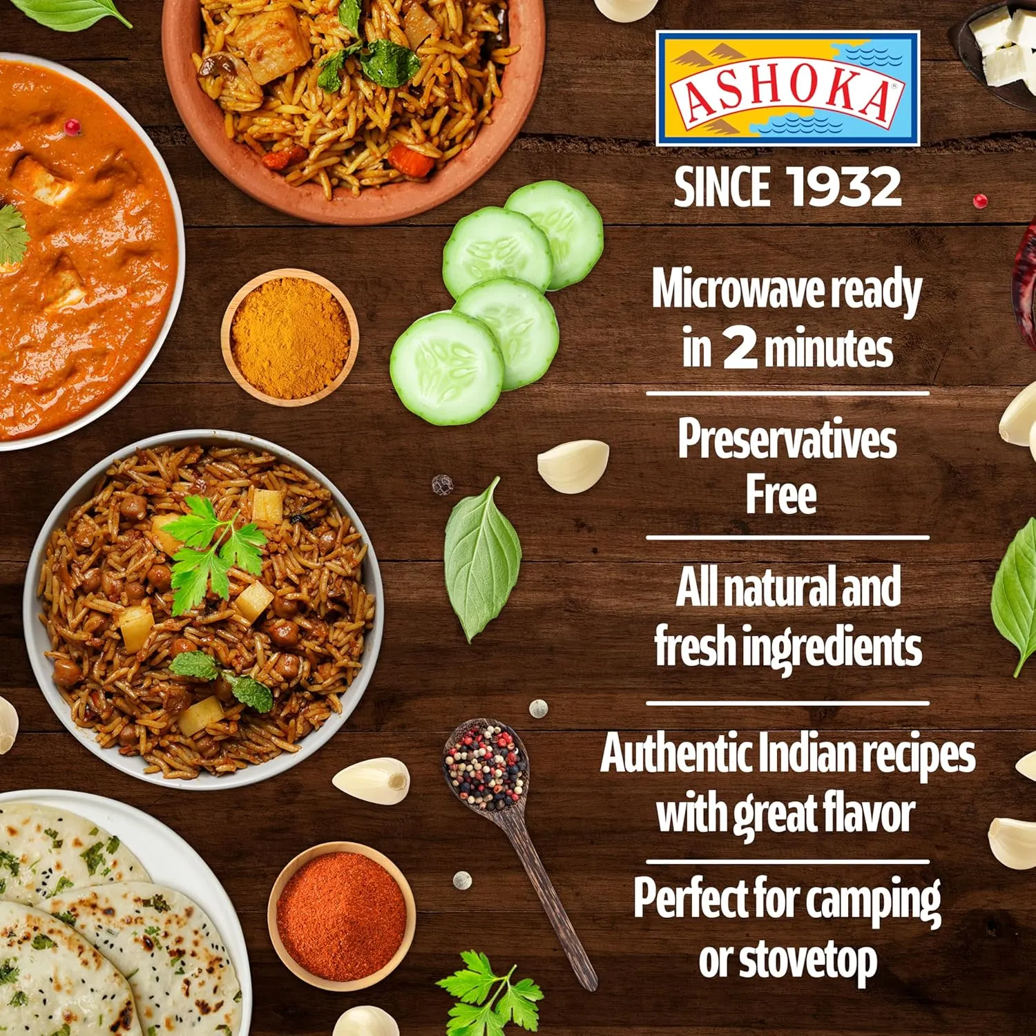Ashoka Microwaveable Entrees 1932, Vegetarian Sampler Kit, Heat & Serve Meal Pack, Kosher Certified Variety Pack, Authentic Indian Cuisine, Instant Meals, Gluten-Free with No Preservatives, Pack of 5
