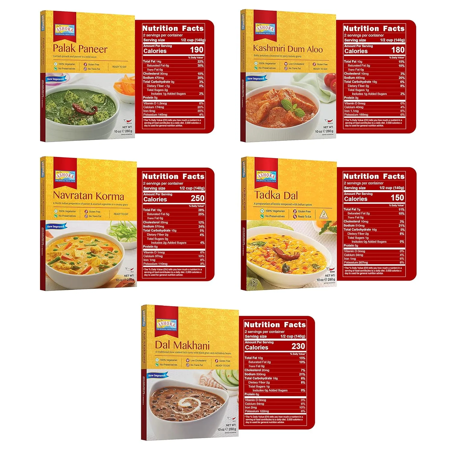 Ashoka Microwaveable Entrees 1932, Vegetarian Sampler Kit, Heat & Serve Meal Pack, Kosher Certified Variety Pack, Authentic Indian Cuisine, Instant Meals, Gluten-Free with No Preservatives, Pack of 5