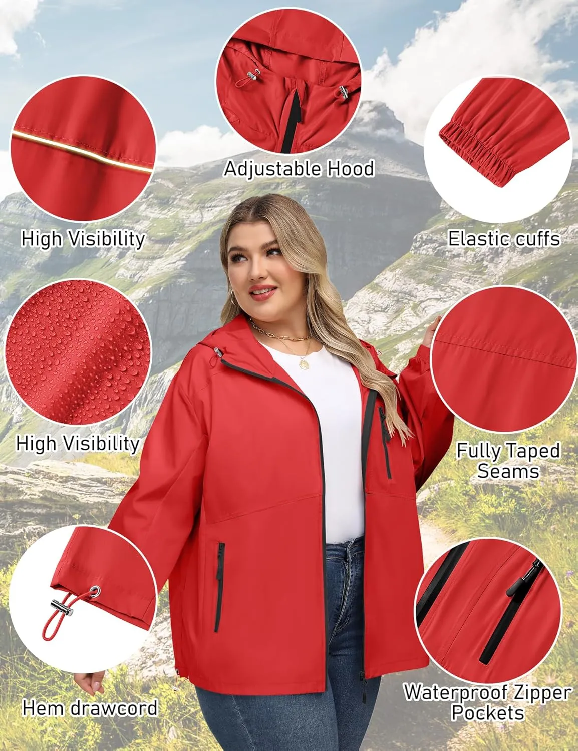Avoogue Plus Size Womens Rain Jacket with Hood Waterproof Raincoats Lightweight Packable Outdoor Trench Coat XL-5XL