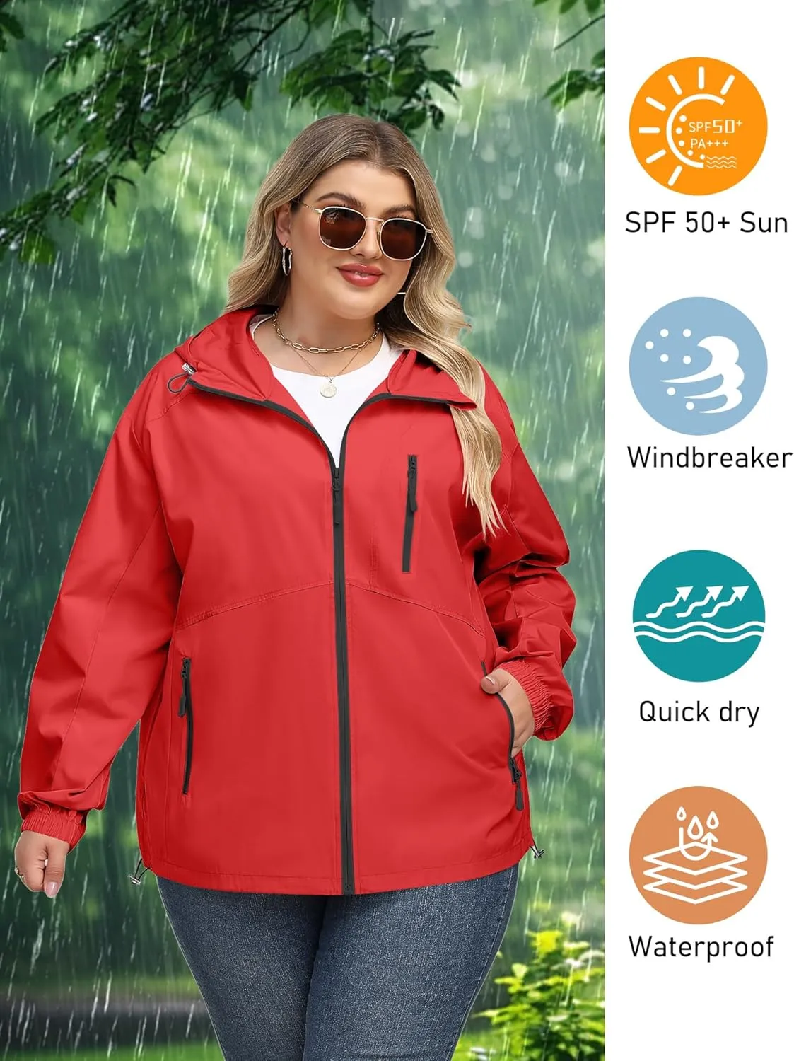 Avoogue Plus Size Womens Rain Jacket with Hood Waterproof Raincoats Lightweight Packable Outdoor Trench Coat XL-5XL