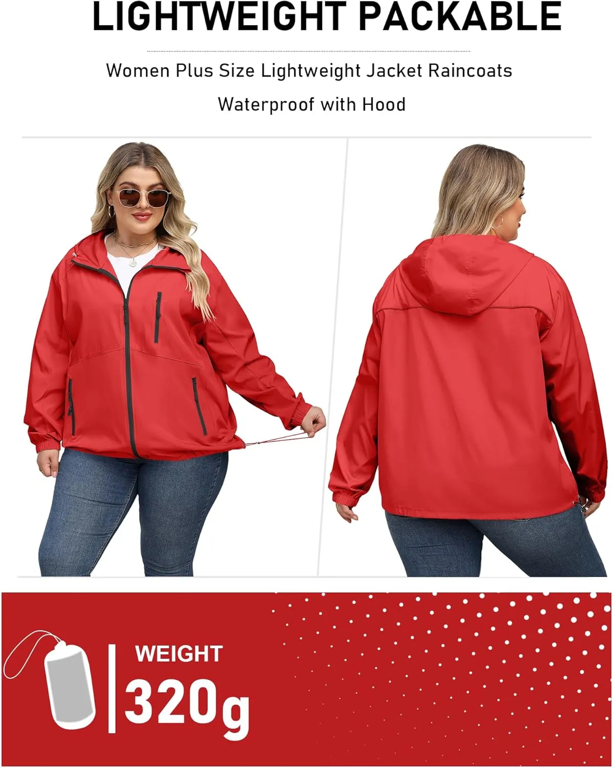 Avoogue Plus Size Womens Rain Jacket with Hood Waterproof Raincoats Lightweight Packable Outdoor Trench Coat XL-5XL