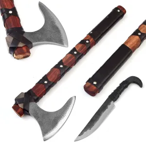 AxenCraft Viking Axe with Falcon Gift Knife Along with Sheath - Hand-Forged High Carbon Steel,Gift for him Real Weapon, Bearded Axe,Ragnor Lothbrok,Tomahawk |Axe-Knife|A001 (Ragnar)