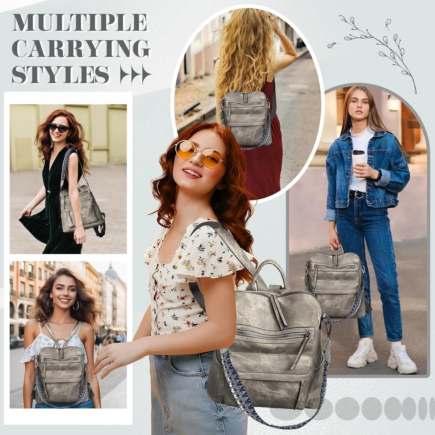 Backpack Purse for Women, PU Leather Back pack Purse, Multiple Pockets Anti Theft Backpack with Adjustable Straps, Women Back pack for Daily Work Travel, Grey