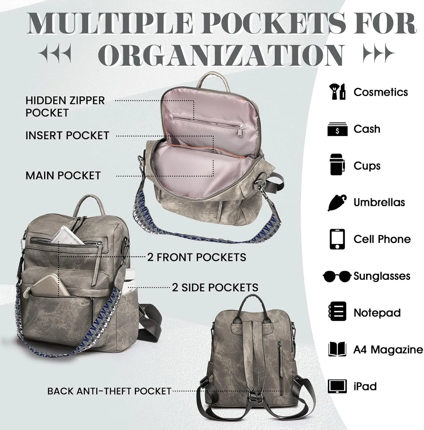 Backpack Purse for Women, PU Leather Back pack Purse, Multiple Pockets Anti Theft Backpack with Adjustable Straps, Women Back pack for Daily Work Travel, Grey
