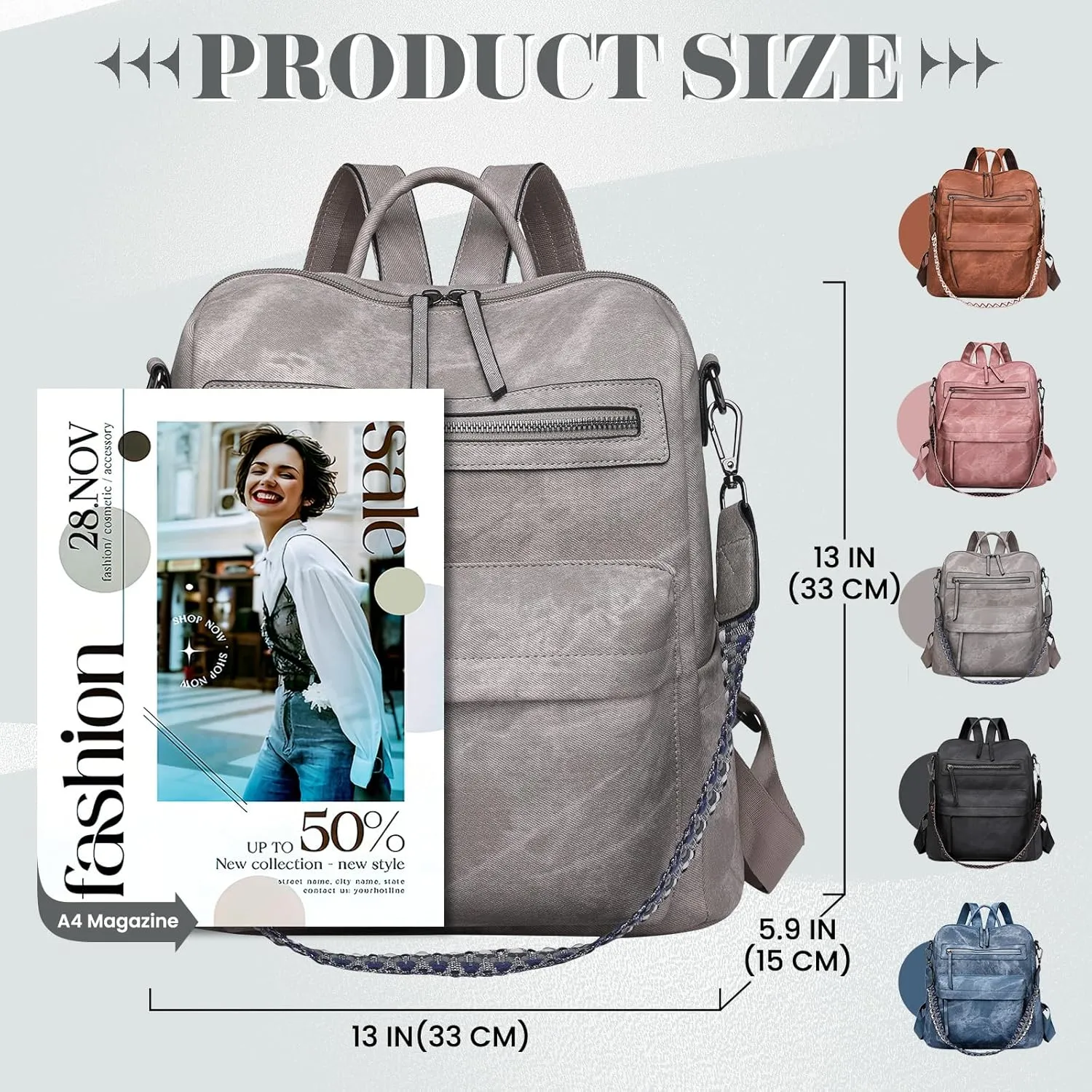 Backpack Purse for Women, PU Leather Back pack Purse, Multiple Pockets Anti Theft Backpack with Adjustable Straps, Women Back pack for Daily Work Travel, Grey
