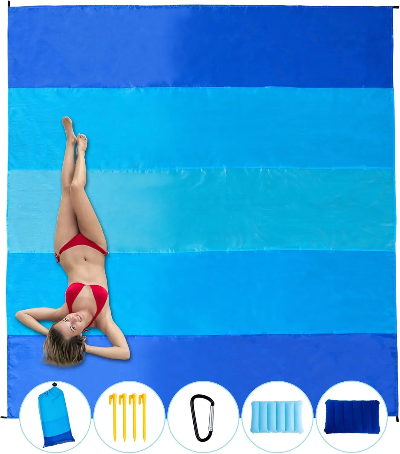 Beach Blanket Extra Large 108"*118" with 2 Pillows Waterproof Sandproof Beach Mat Lightweight Compact Quick Drying with 4 Stakes&4 Corner Pockets for 1-8 Adults for Camping Picnic Hiking