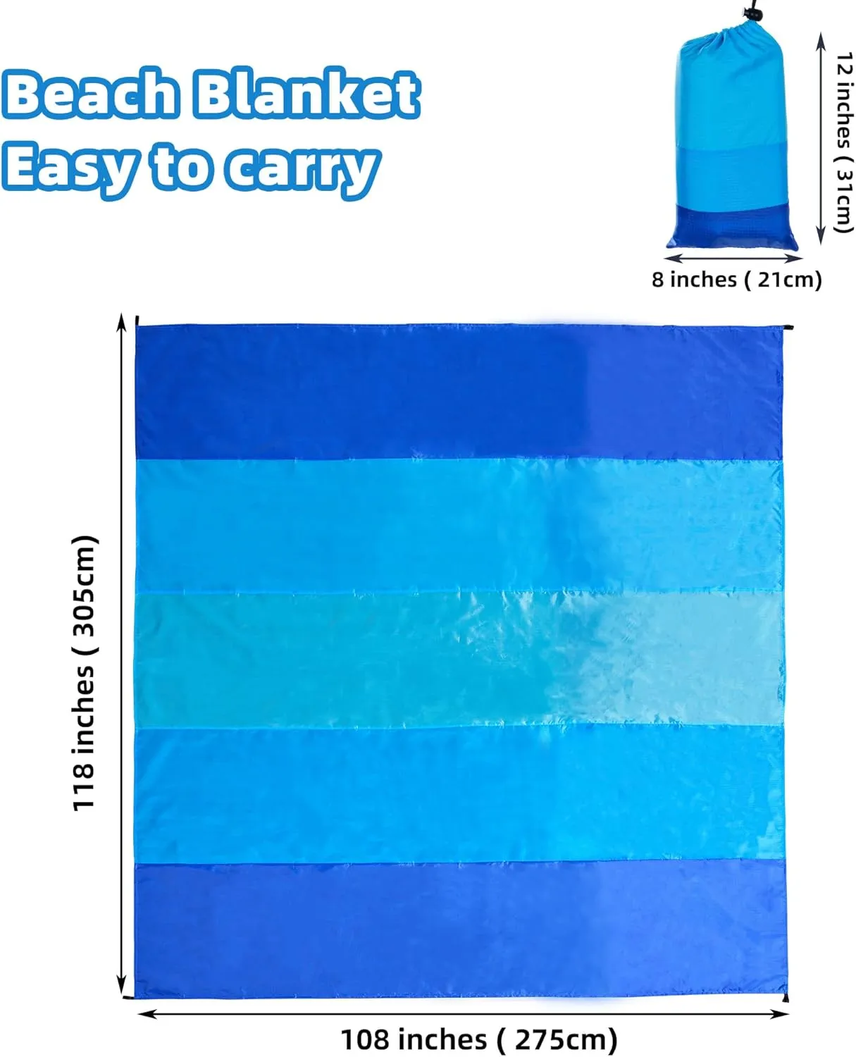 Beach Blanket Extra Large 108"*118" with 2 Pillows Waterproof Sandproof Beach Mat Lightweight Compact Quick Drying with 4 Stakes&4 Corner Pockets for 1-8 Adults for Camping Picnic Hiking
