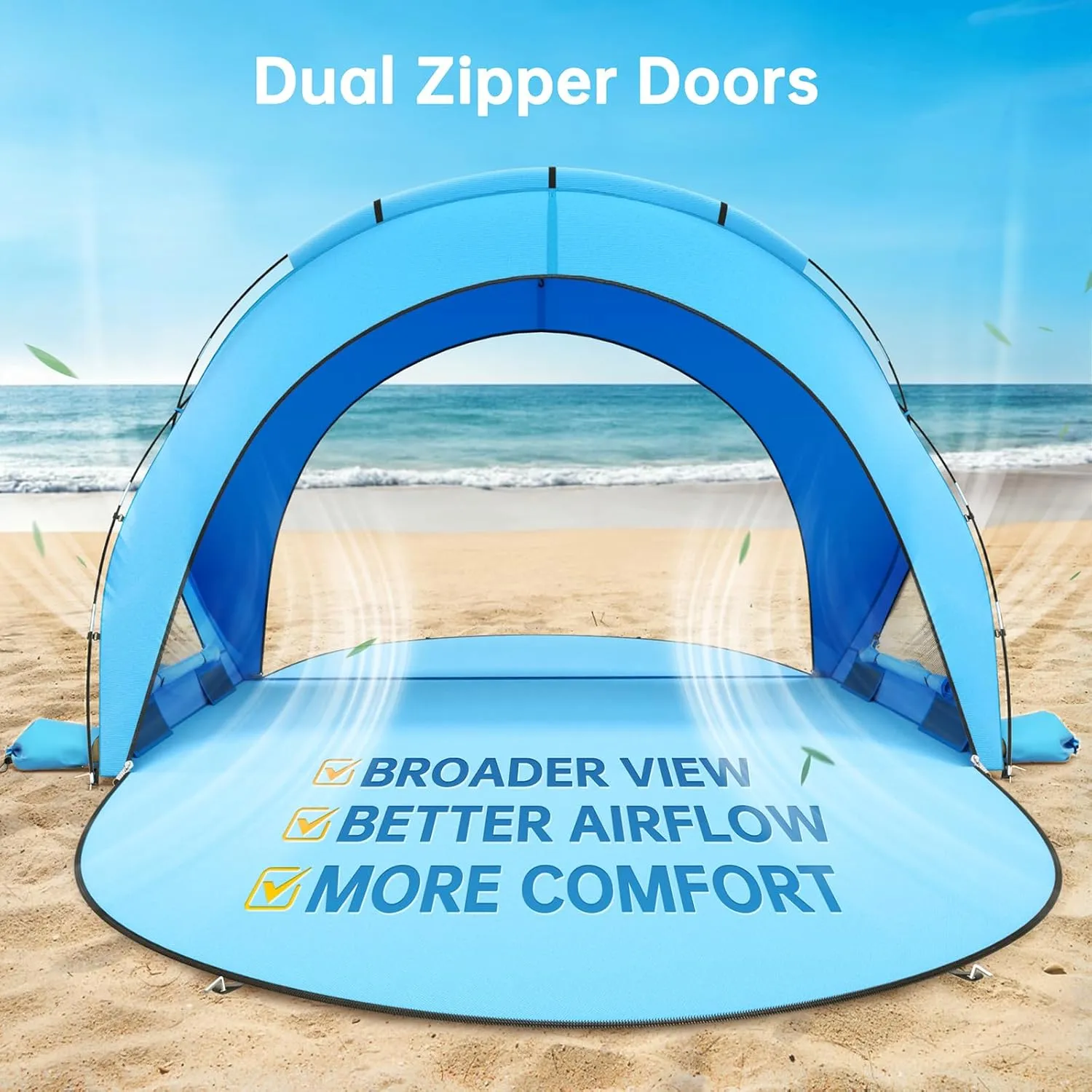 Beach Tent Sun Shelter, Beach Shade Tent with UPF50  UV Protection, Beach Sun Shelter, Beach Shade with 2 Zippered Doors, Portable Beach Tent for Beach Camping Fishing