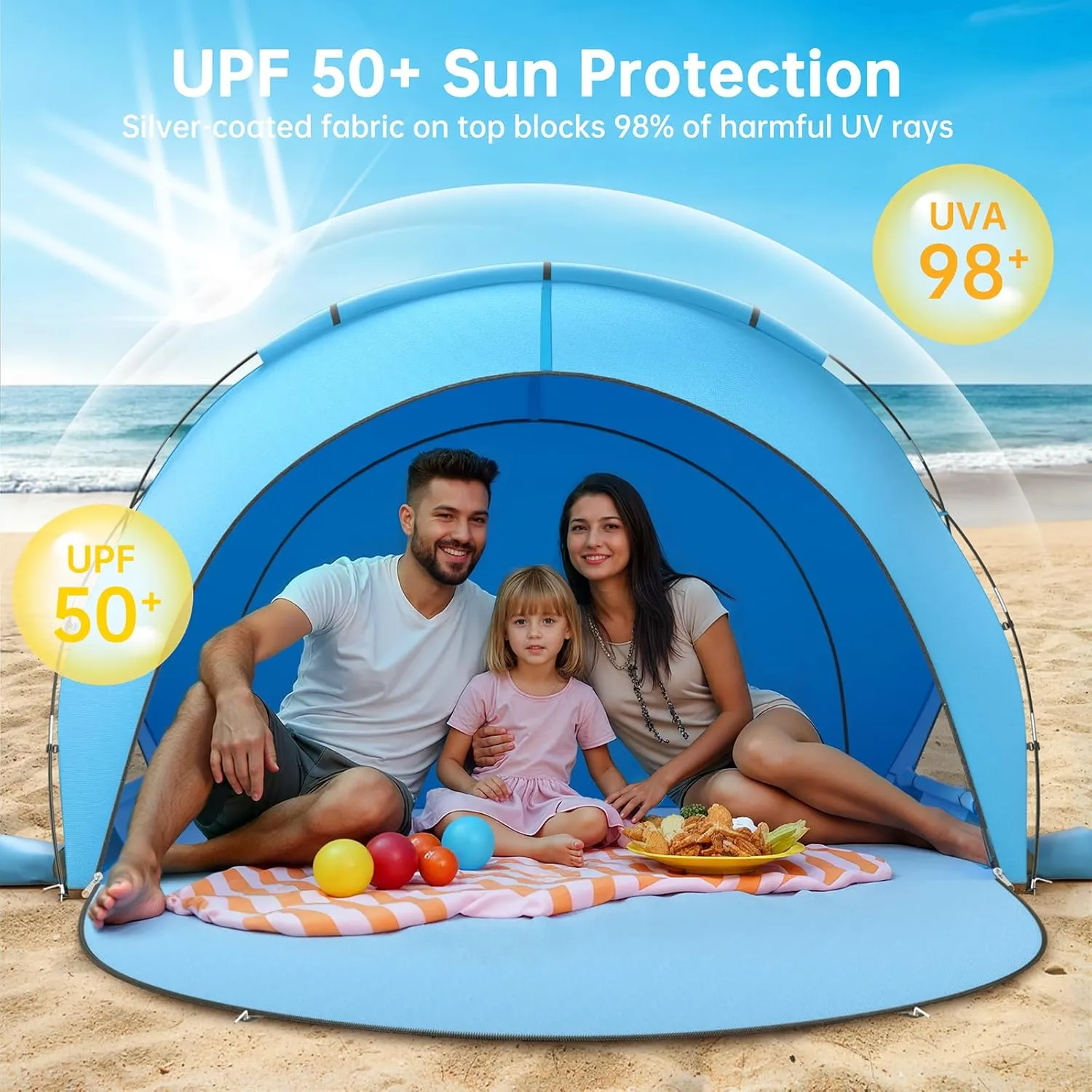Beach Tent Sun Shelter, Beach Shade Tent with UPF50  UV Protection, Beach Sun Shelter, Beach Shade with 2 Zippered Doors, Portable Beach Tent for Beach Camping Fishing