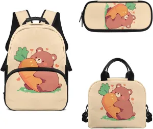 Bear Carrot Girls Backpack Combo 3PCS 7 Inch Bookbag with Lunch Box & Pencil Case Stylish School Bag Set for Teens Fashion College Casual Daypack for Outdoor