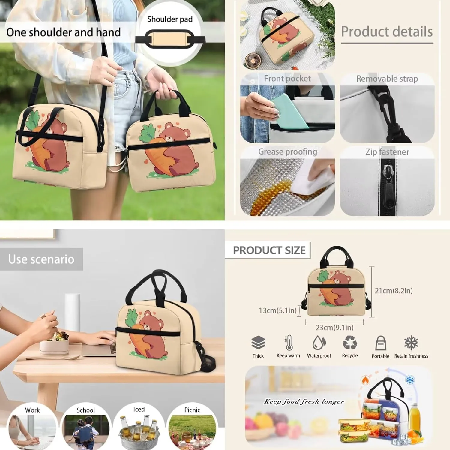 Bear Carrot Girls Backpack Combo 3PCS 7 Inch Bookbag with Lunch Box & Pencil Case Stylish School Bag Set for Teens Fashion College Casual Daypack for Outdoor