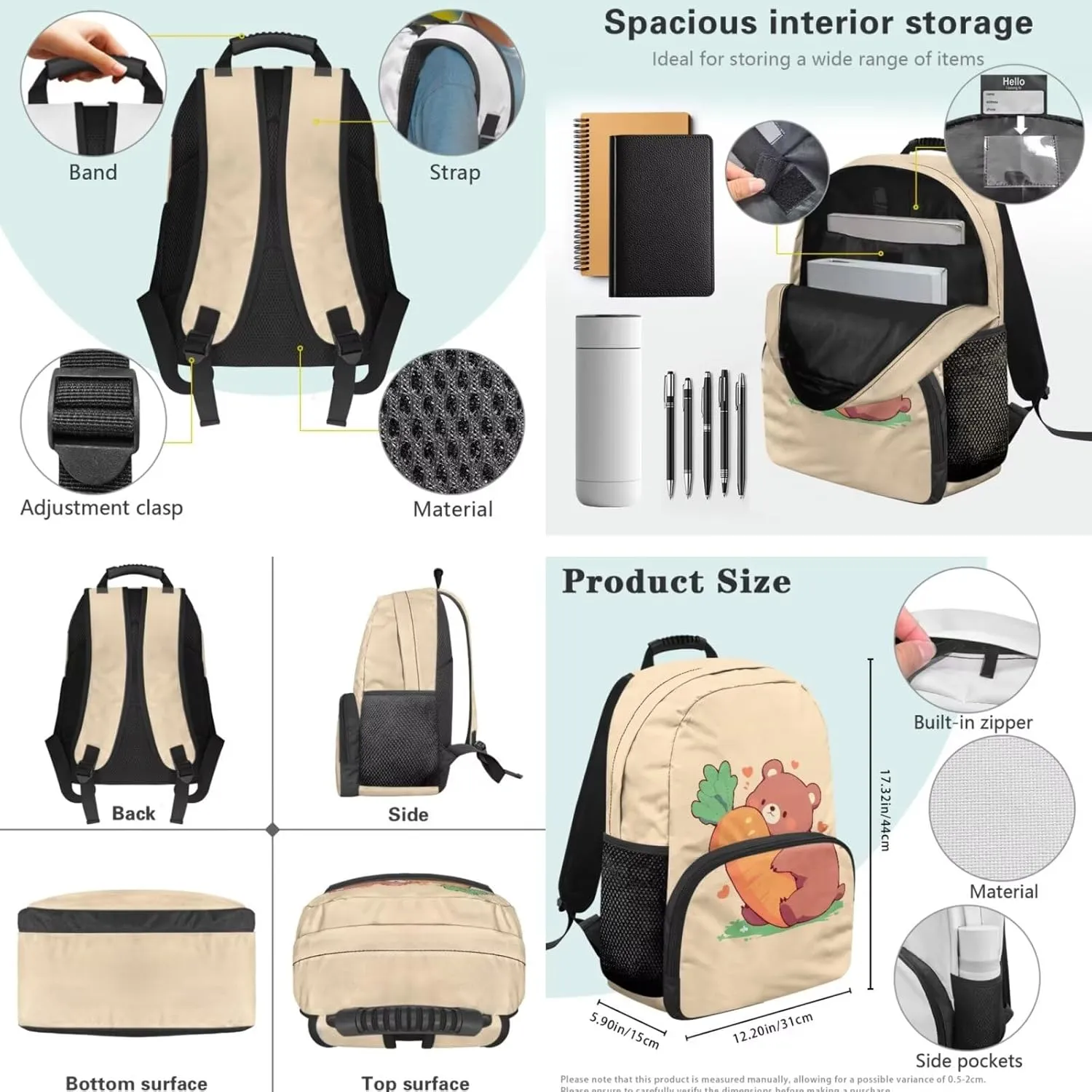 Bear Carrot Girls Backpack Combo 3PCS 7 Inch Bookbag with Lunch Box & Pencil Case Stylish School Bag Set for Teens Fashion College Casual Daypack for Outdoor