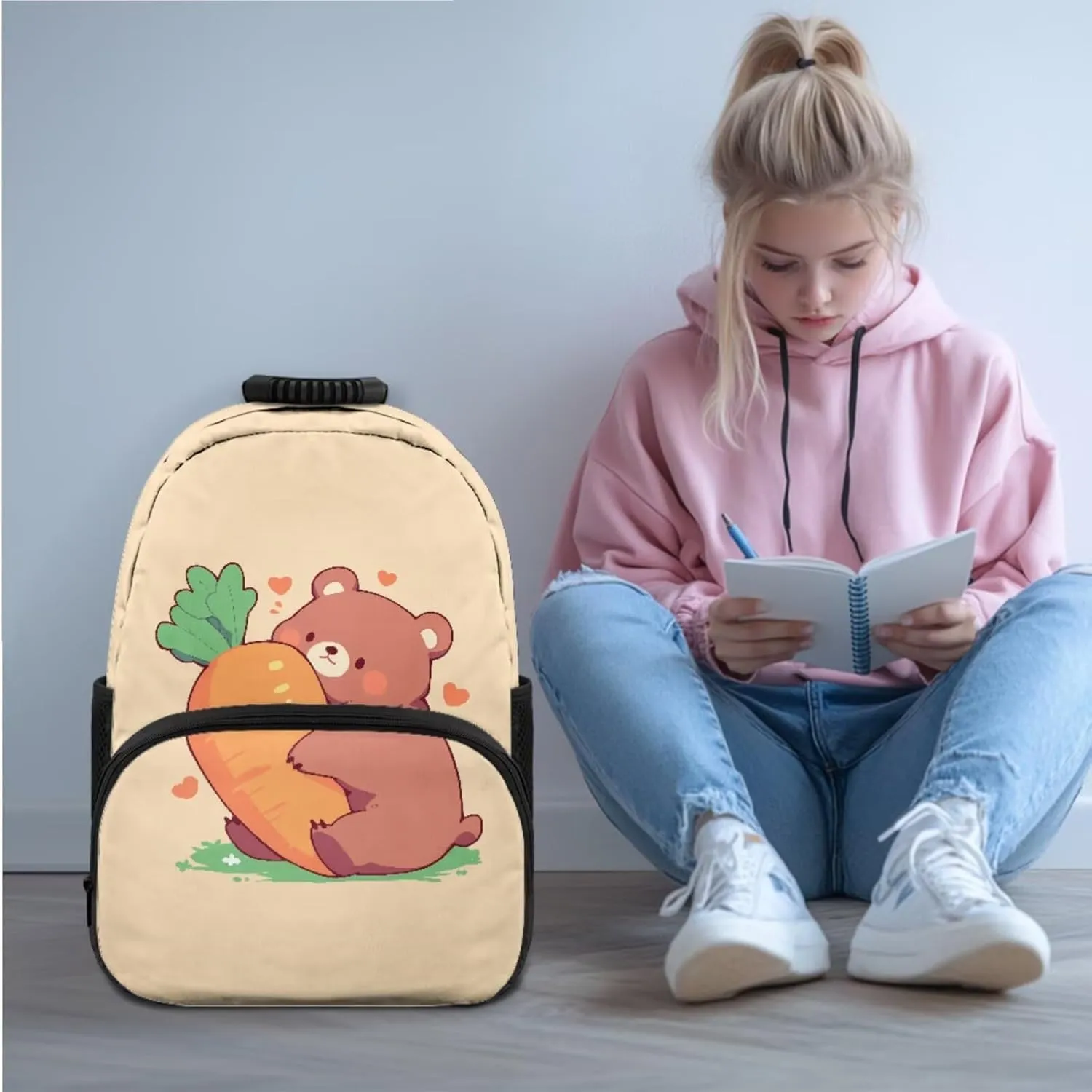 Bear Carrot Girls Backpack Combo 3PCS 7 Inch Bookbag with Lunch Box & Pencil Case Stylish School Bag Set for Teens Fashion College Casual Daypack for Outdoor