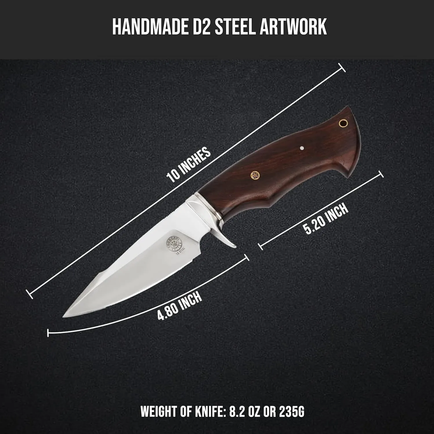 BIGCAT ROAR Handmade Hunting Knife - Bushcraft Fixed Blade Hunting Knife with Sheath and Walnut Wood Handle - 10″ EDC Knife - Predator Hunter D2
