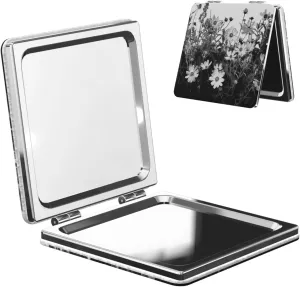 Black and White Flowers Printed Square Pocket Makeup Mirror with 1X/2X Magnification, Portable Mini Travel Makeup Mirror for Travel Daily Work Beauty
