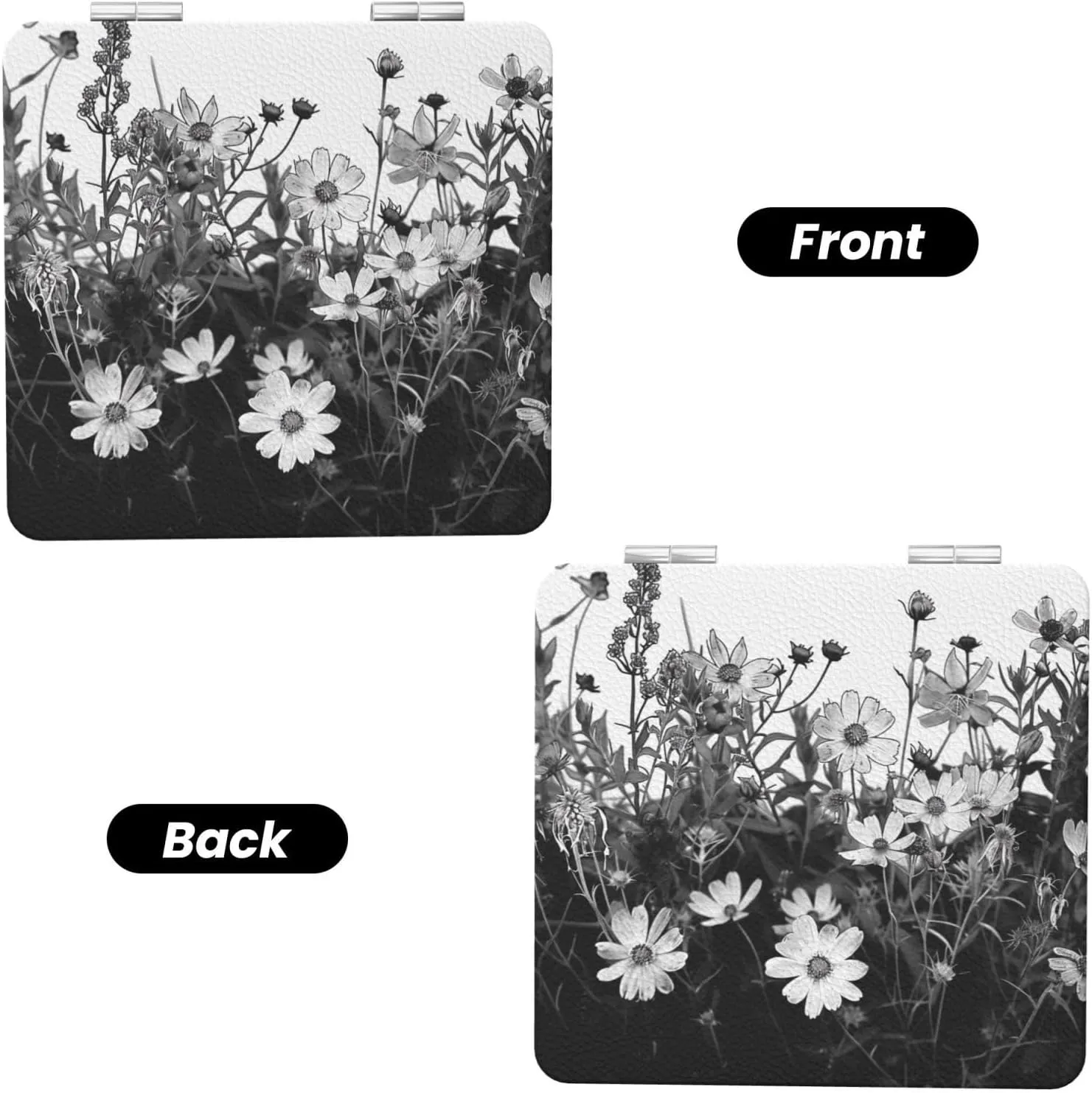 Black and White Flowers Printed Square Pocket Makeup Mirror with 1X/2X Magnification, Portable Mini Travel Makeup Mirror for Travel Daily Work Beauty
