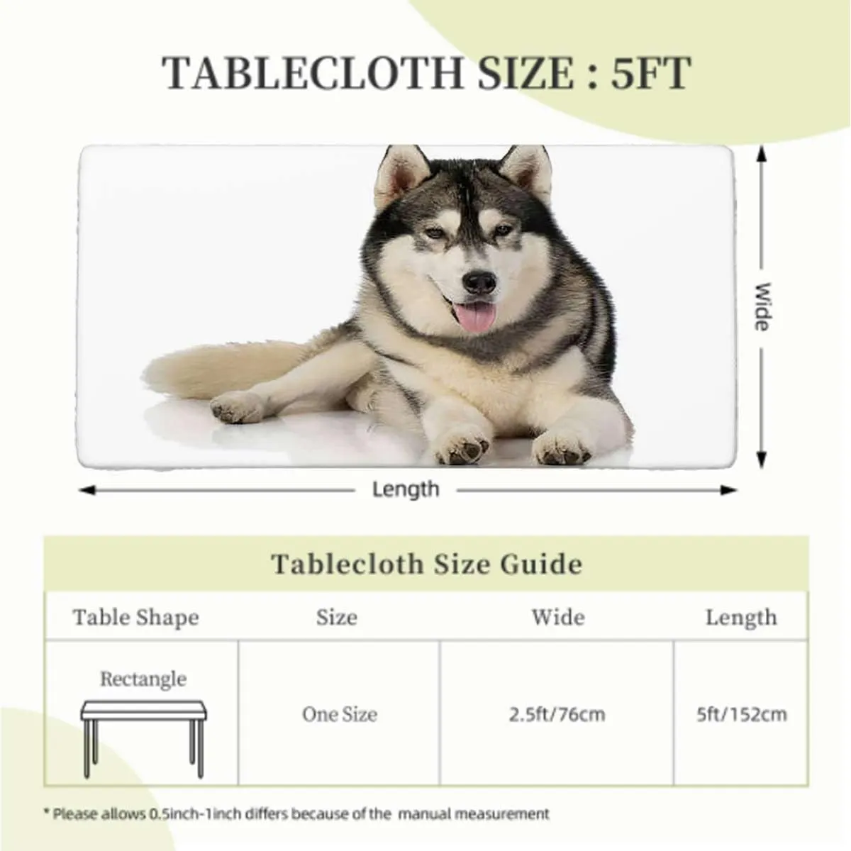 Black Cream White Fitted Tablecloth Arctic Doggies Husky Protector with Elastic for Rectangle Picnic Tables, Washable Alaskan Malamute Fits up 5 Foot Tables
