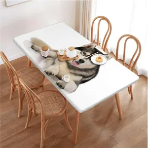 Black Cream White Fitted Tablecloth Arctic Doggies Husky Protector with Elastic for Rectangle Picnic Tables, Washable Alaskan Malamute Fits up 5 Foot Tables