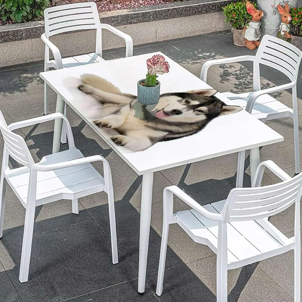 Black Cream White Fitted Tablecloth Arctic Doggies Husky Protector with Elastic for Rectangle Picnic Tables, Washable Alaskan Malamute Fits up 5 Foot Tables