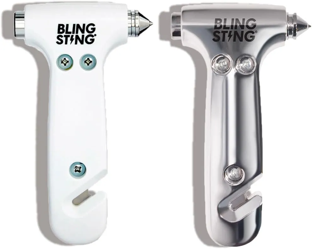 BLINGSTING Glammer Safety Hammer - Emergency Automotive Escape Hammer Tool, Seat Belt Cutter & Car Window Break Tool - White & Silver, 2 Count