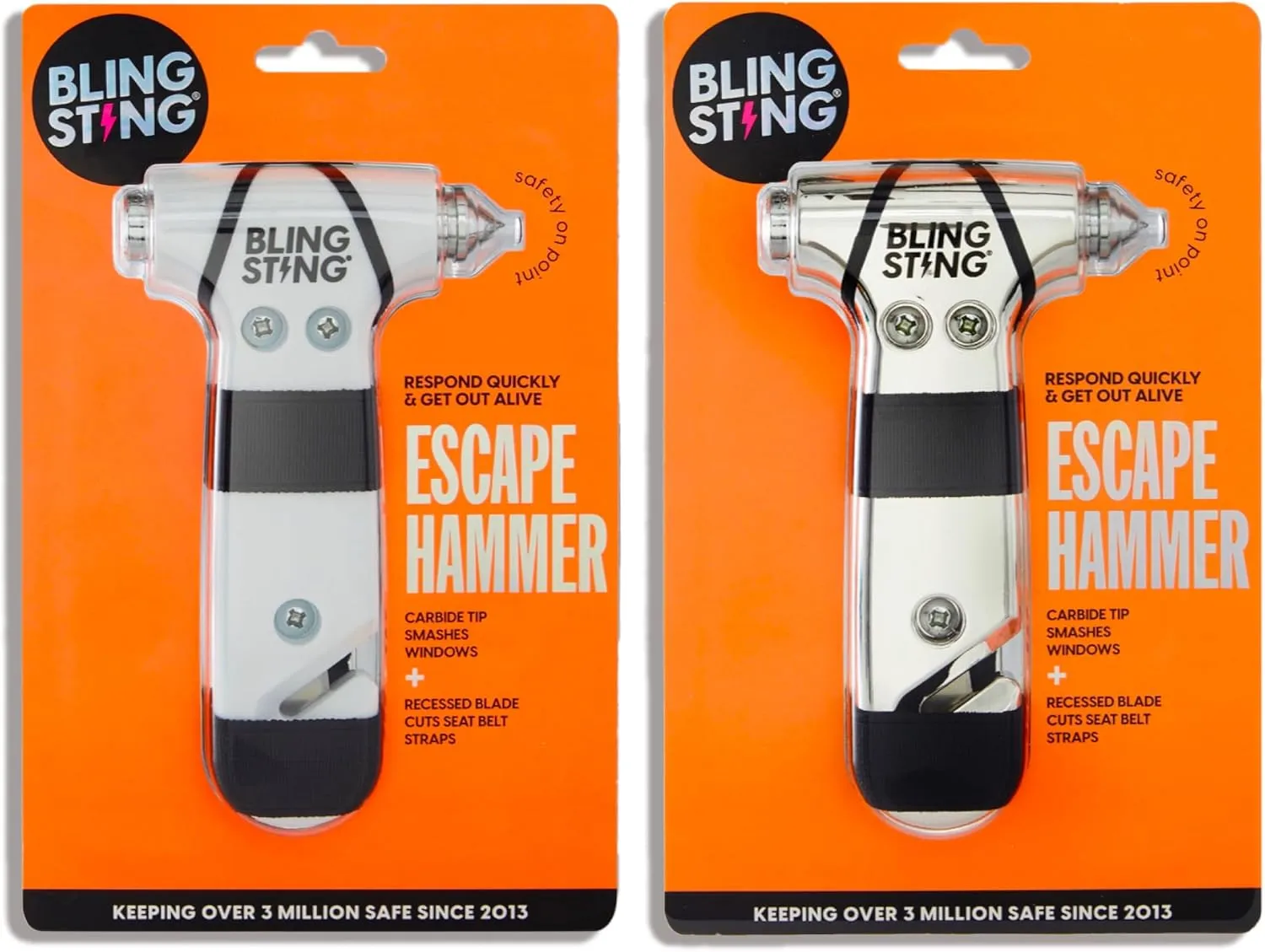 BLINGSTING Glammer Safety Hammer - Emergency Automotive Escape Hammer Tool, Seat Belt Cutter & Car Window Break Tool - White & Silver, 2 Count