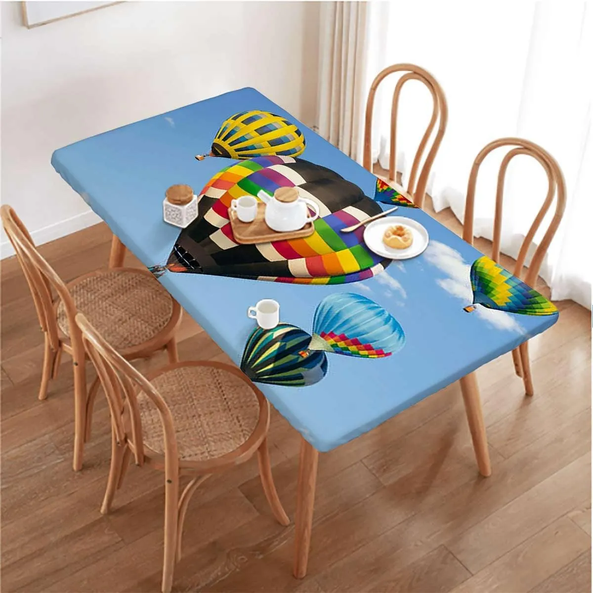 Blue Fitted Table Cover for Square Tables Nostalgic Hot Air Balloons in Sky Flying Journey Fitted Tablecloth Rectangle Table Cover - Table Cloth - Fitted Table Covers Fits up 5 Foot Tables