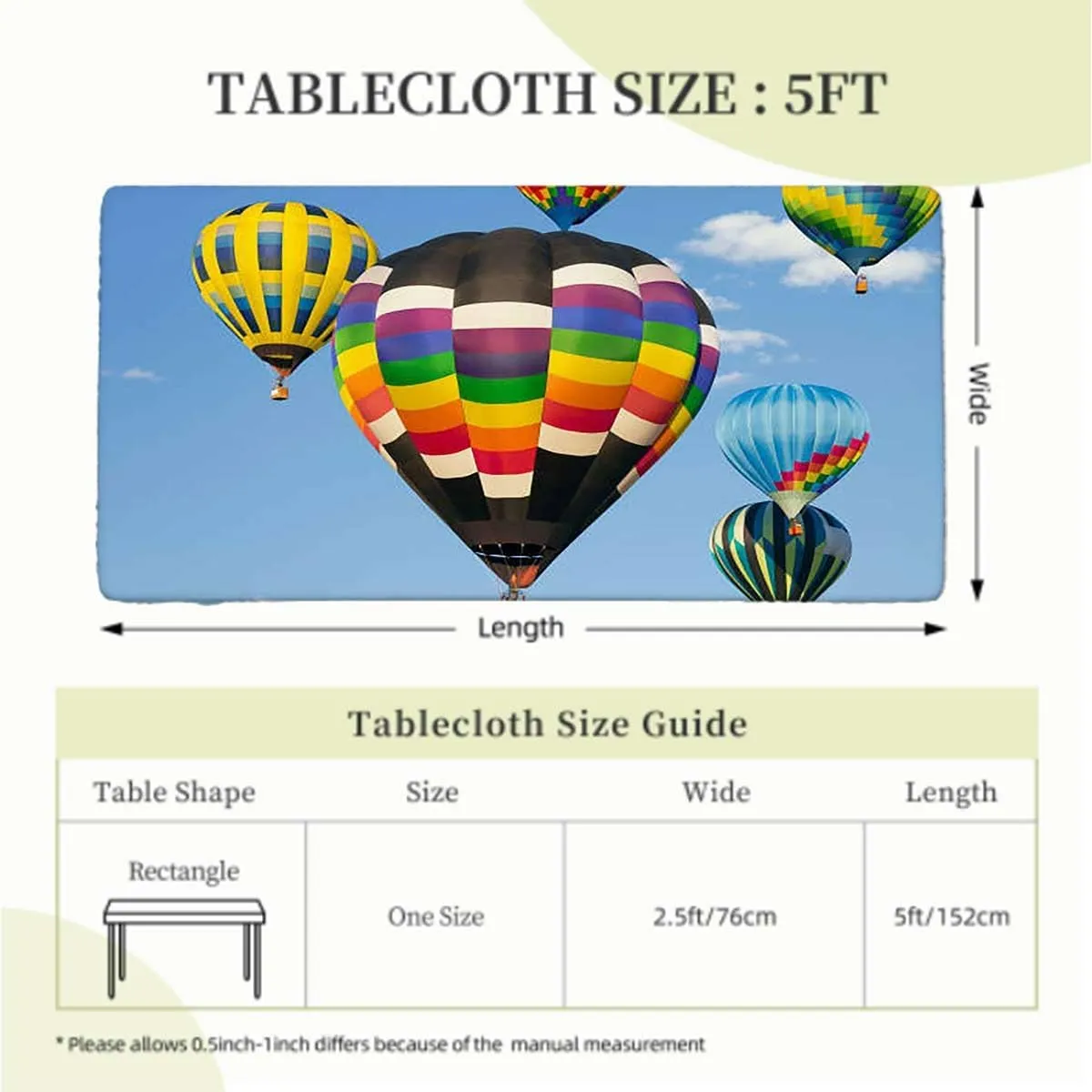 Blue Fitted Table Cover for Square Tables Nostalgic Hot Air Balloons in Sky Flying Journey Fitted Tablecloth Rectangle Table Cover - Table Cloth - Fitted Table Covers Fits up 5 Foot Tables