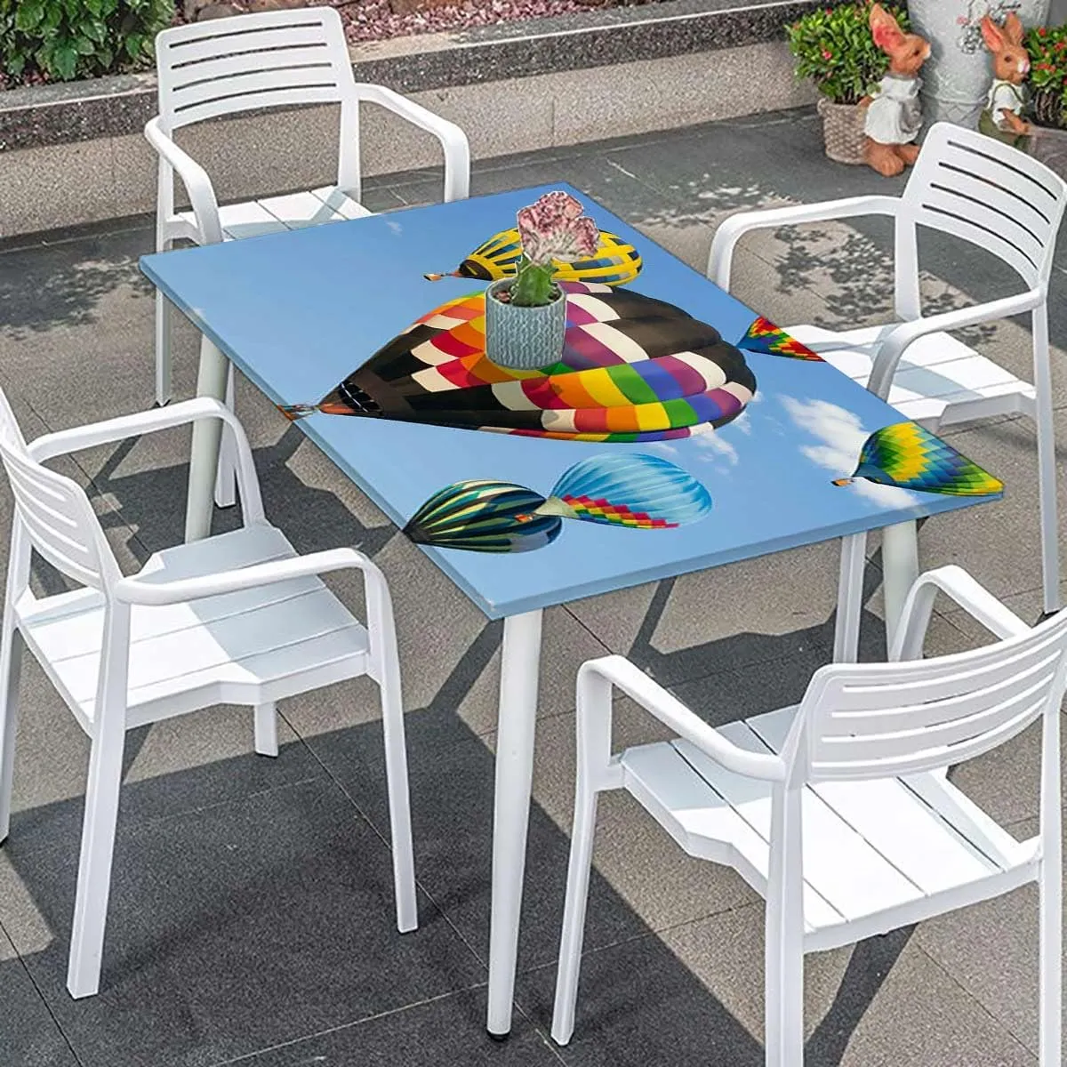 Blue Fitted Table Cover for Square Tables Nostalgic Hot Air Balloons in Sky Flying Journey Fitted Tablecloth Rectangle Table Cover - Table Cloth - Fitted Table Covers Fits up 5 Foot Tables