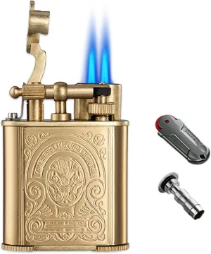 Blue Flame Torch Lighter Refillable Windproof Jet Cigar Lighters Vintage Engraving Pattern Retro Bronze with Flint Lighter Gift Set