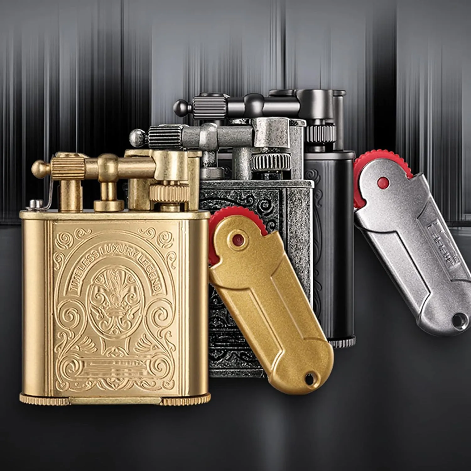 Blue Flame Torch Lighter Refillable Windproof Jet Cigar Lighters Vintage Engraving Pattern Retro Bronze with Flint Lighter Gift Set