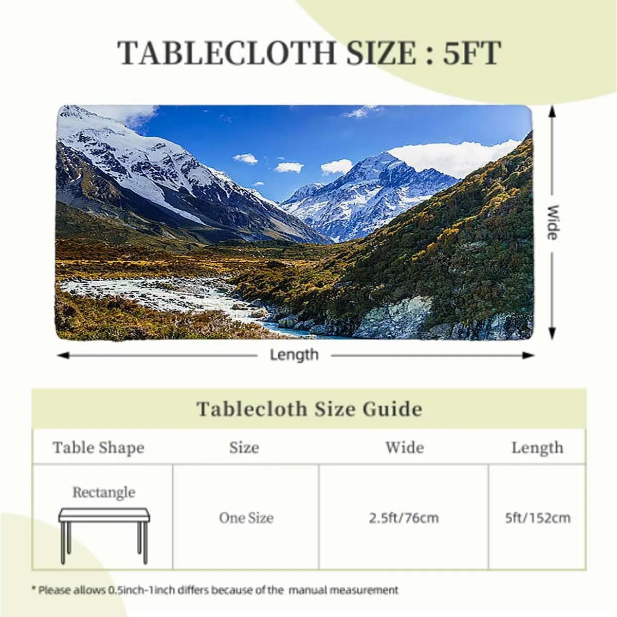 Blue Green Elastic Edge Fitted Tablecloth, Lake Between Snowy Meadow in Nature Washable Spill Proof Table Covers Farmhouse Fits up 5 Foot Tables