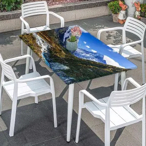 Blue Green Elastic Edge Fitted Tablecloth, Lake Between Snowy Meadow in Nature Washable Spill Proof Table Covers Farmhouse Fits up 5 Foot Tables