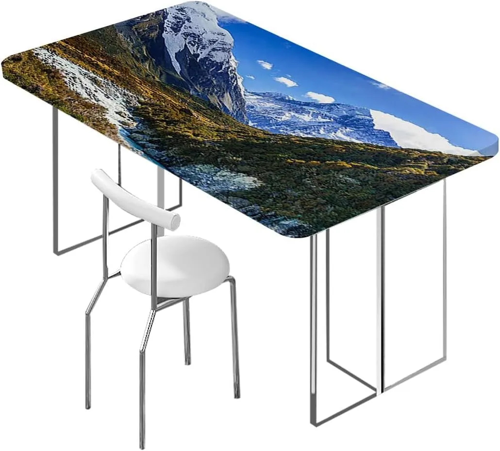 Blue Green Elastic Edge Fitted Tablecloth, Lake Between Snowy Meadow in Nature Washable Spill Proof Table Covers Farmhouse Fits up 5 Foot Tables