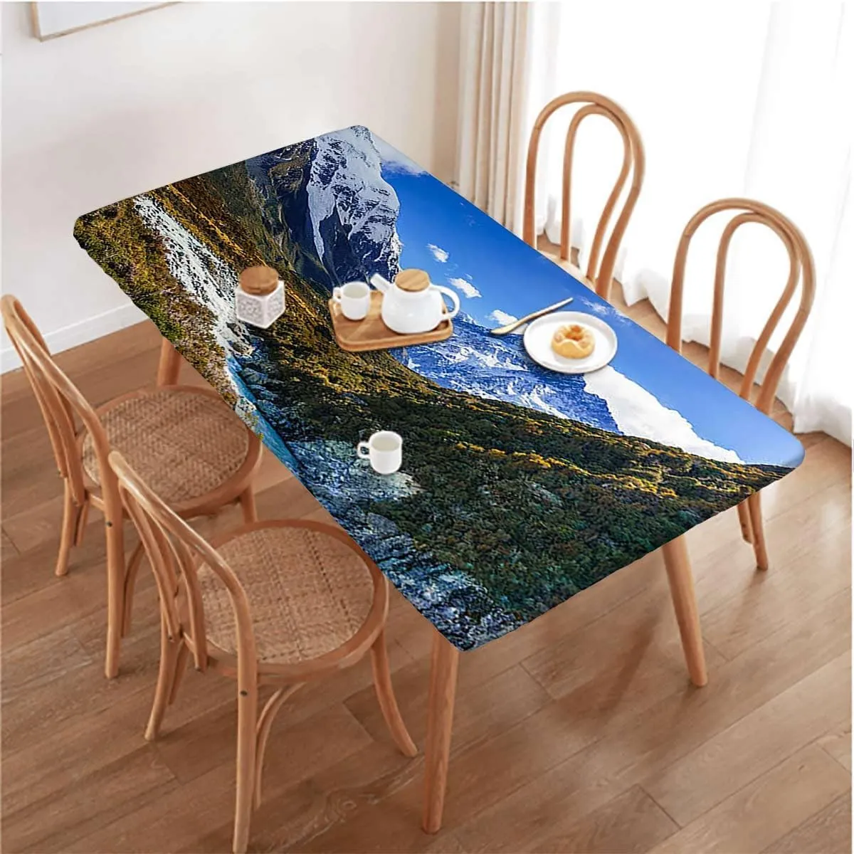 Blue Green Elastic Edge Fitted Tablecloth, Lake Between Snowy Meadow in Nature Washable Spill Proof Table Covers Farmhouse Fits up 5 Foot Tables