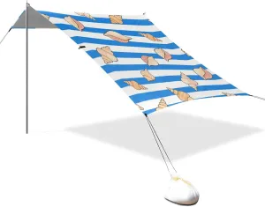 Blue White Striped Sea Shell Designed UPF50 Stable Beach Tent Waterproof Shade Sun Shelter with Sandbags & Sand Shovel for Family Trips, Picnics & Camping carpas para la Playa