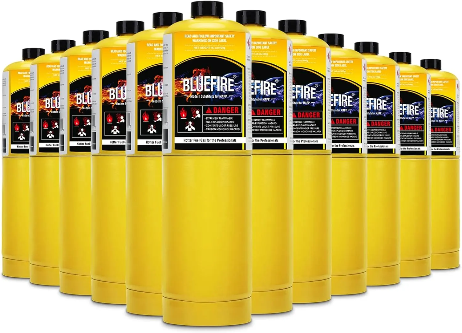 BLUEFIRE Modern MAPP Gas Cylinder, 14.1 oz, 99.9% High Purity Propylene Equal To MAP-PRO, Hotter than Propane! Welding Brazing Soldering HVAC Plumbing（12 Pack）