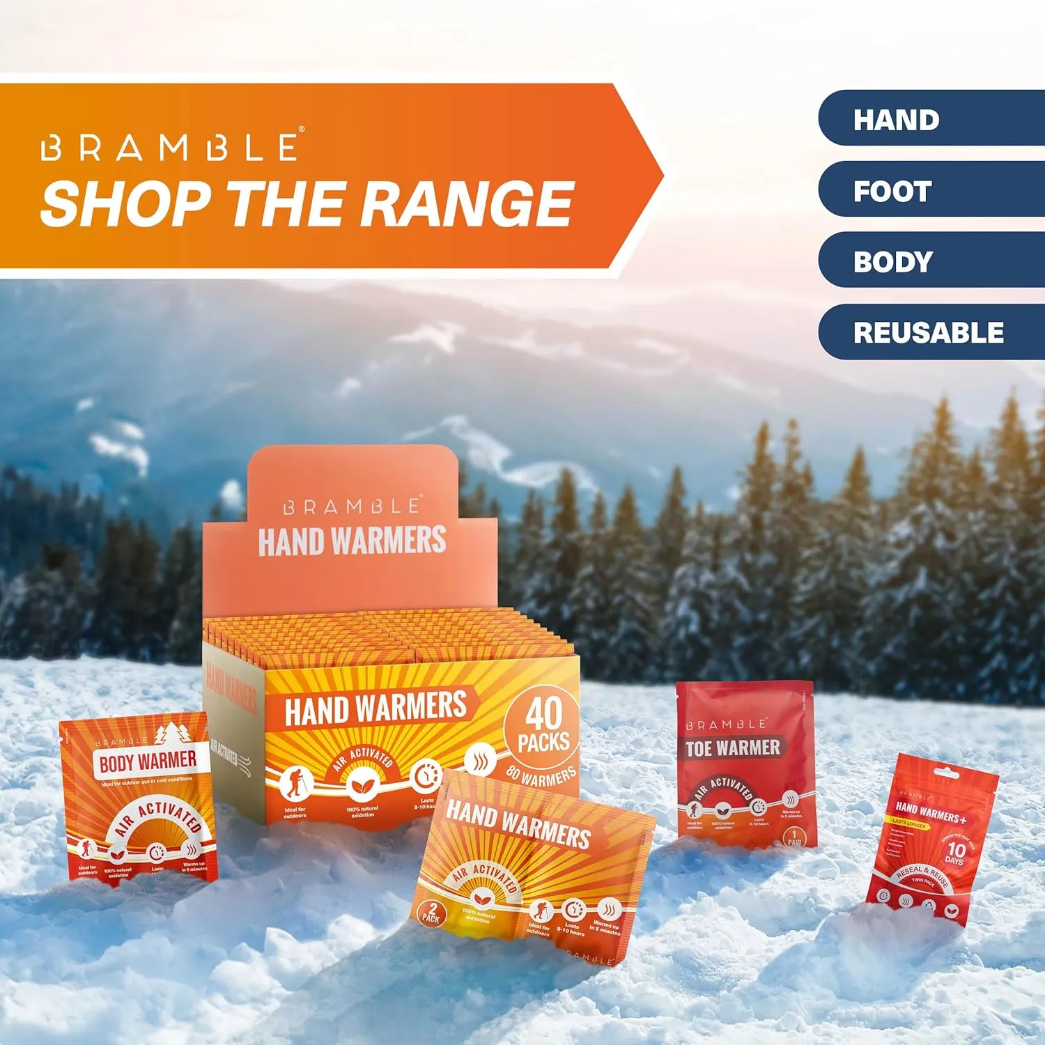 Bramble Hand Warmers Disposable Bulk Up to 10 Hours of Heat for Cold Weather, Ski, Camping & Outdoor Activities | Air Activated Instant Heat Packs for Body, Feet, Adult & Kids