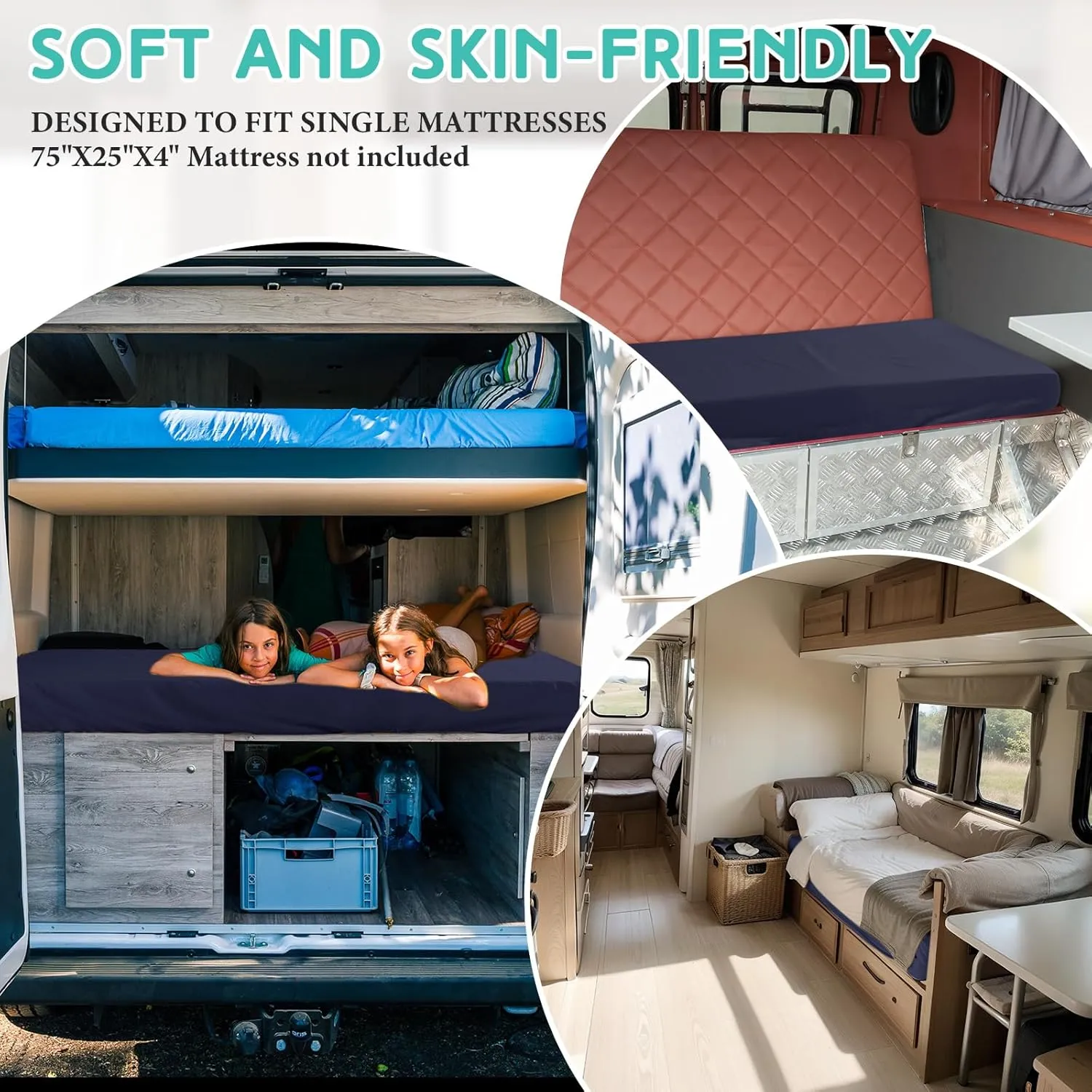 Breling Fitted Sheet (Sheet Only) Compatible with Milliard Trifold Mattress Folding Mattress Fitted Microfiber Bedclothes for Camp Bunk Rvs Bed(Navy Blue,2 Pcs,Single,4'')